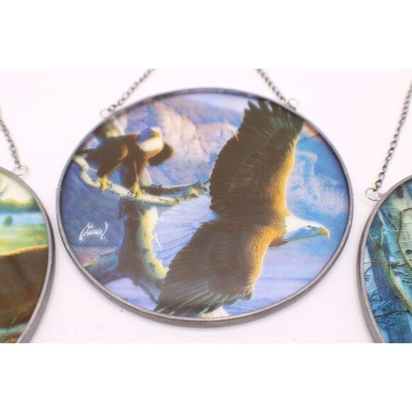 Al Agnew Wildlife Suncatchers Deer Eagle Wolf Round Metal Framed Home Decor Vtg - Picture 3 of 7